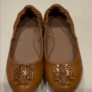 Tory Burch Gold Logo Tan Flats
